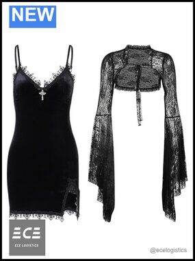 Gothic Two Piece Velvet Mini Bodycon Dress Lace Side Split Club Night Out